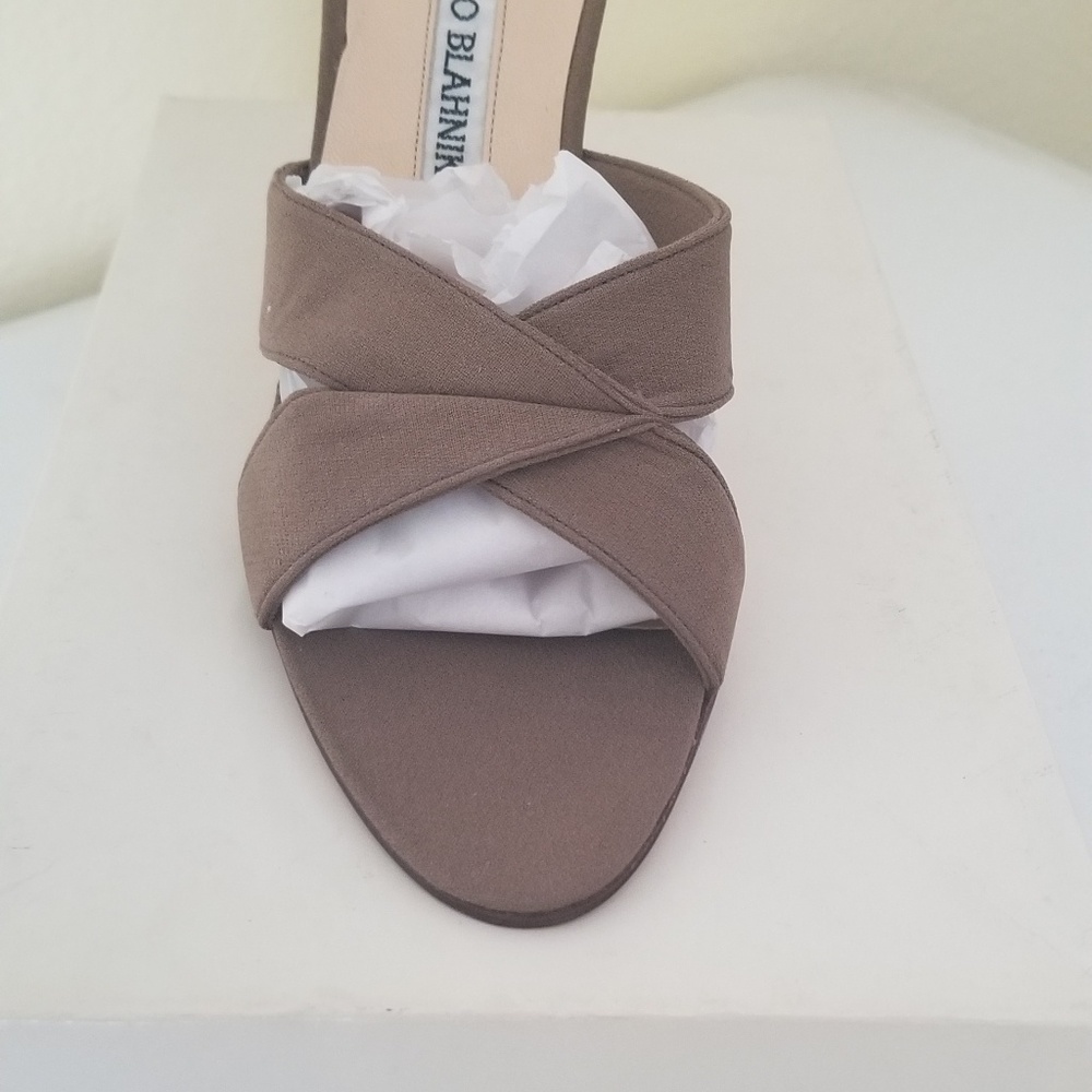 Manolo Blahnik Taupe Cross-Strap Satin Heels